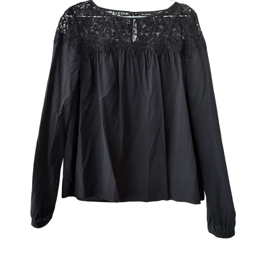 St. John Silk Blend Sheer Lace Yoke Long Sleeve Black Blouse Top Size 6
